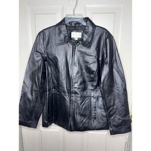 Worthington Genuine Leather Jacket Black Full Zip Collar Women's Large